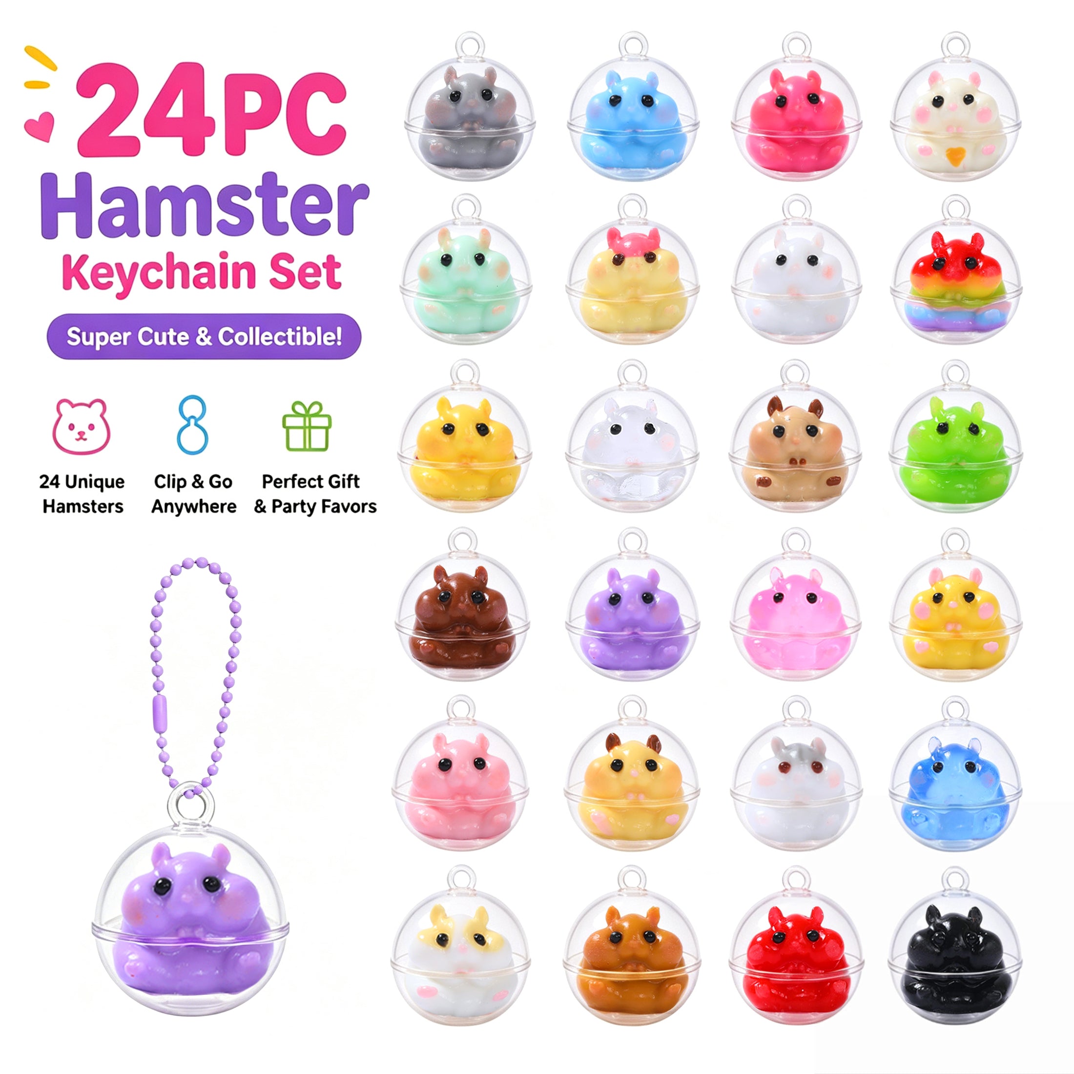 FUFUSQUISHY 24PCS Hamster Squishies Pop Box, Keychain Set, Individuall