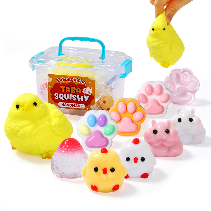 FUFUSQUISHY 10 Pack Chick Mix Taba Squishy Toys Kit with Toy Set Box