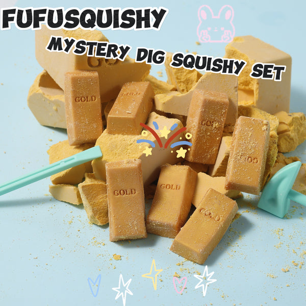 FUFUSQUISHY Giant Gold Brick Squishy Dig Kit (7pcs mini gold brick squishies)