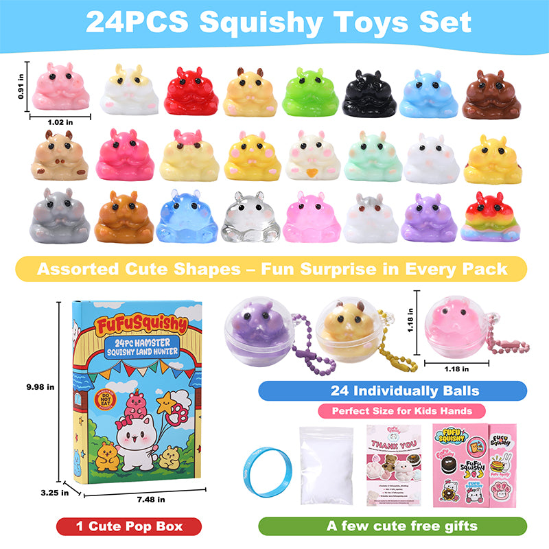 FUFUSQUISHY 24PCS Hamster Squishies Pop Box, Keychain Set, Individuall